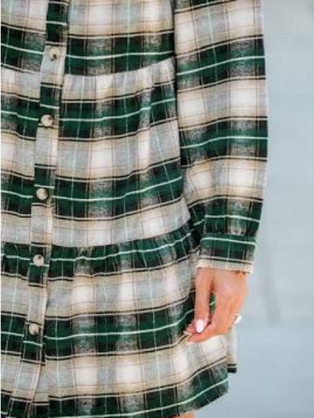 Cupshe Plaid V-Neck Tiered Mini Shirt Dress Green Cream Large - Picture 9 of 9